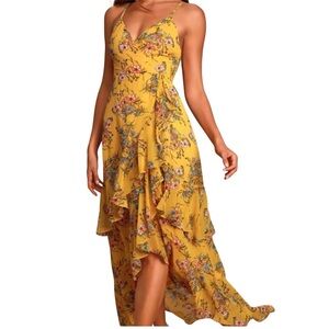 Lulu's Mustard Floral High Low Maxy Dress NWT